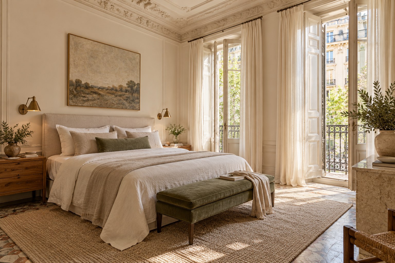 Inspiración de interiorismo: dormitorio luminoso con lino marfil, madera y detalles de latón