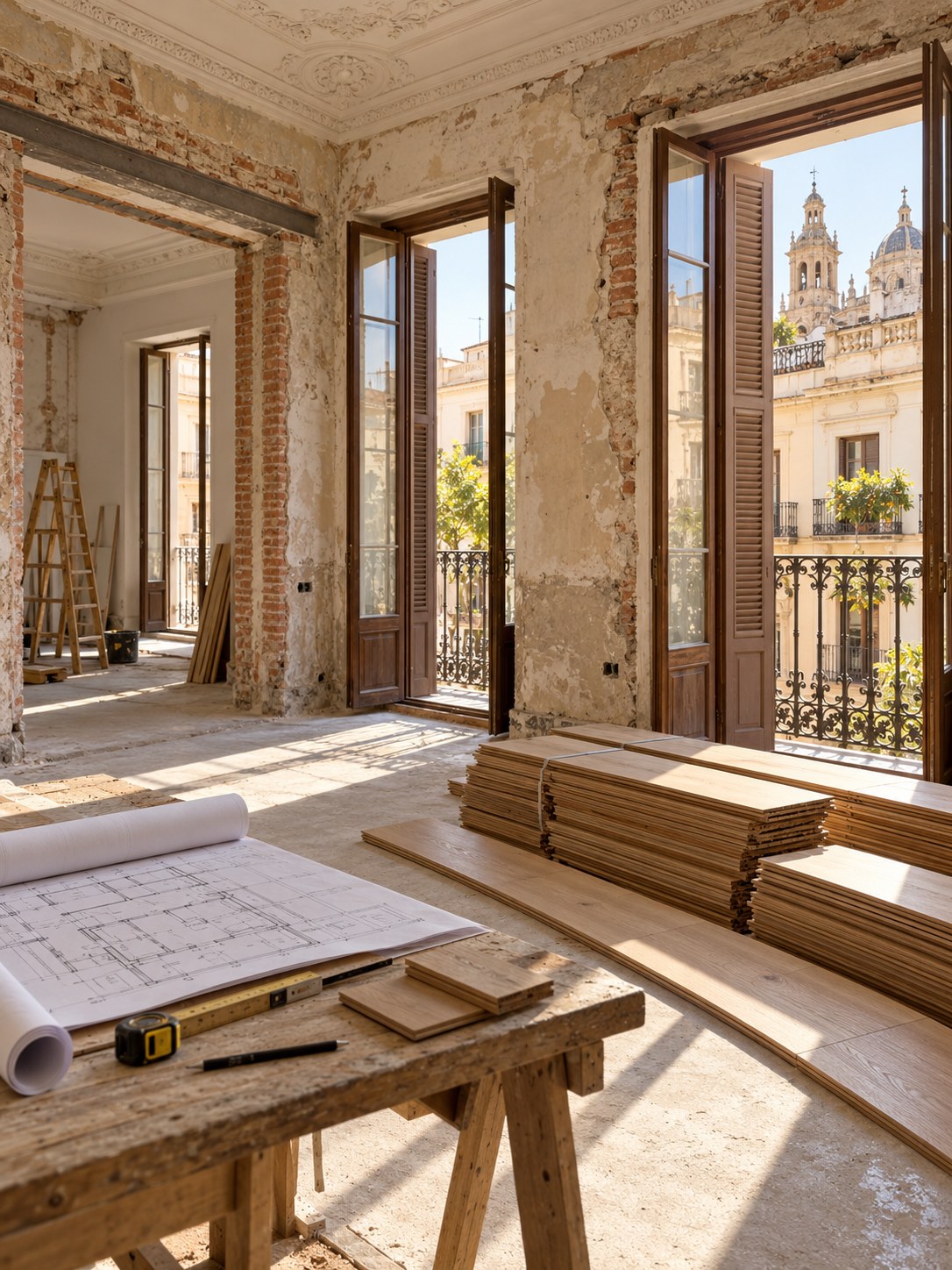 Interior de una vivienda en proceso de reforma con planos y materiales de obra